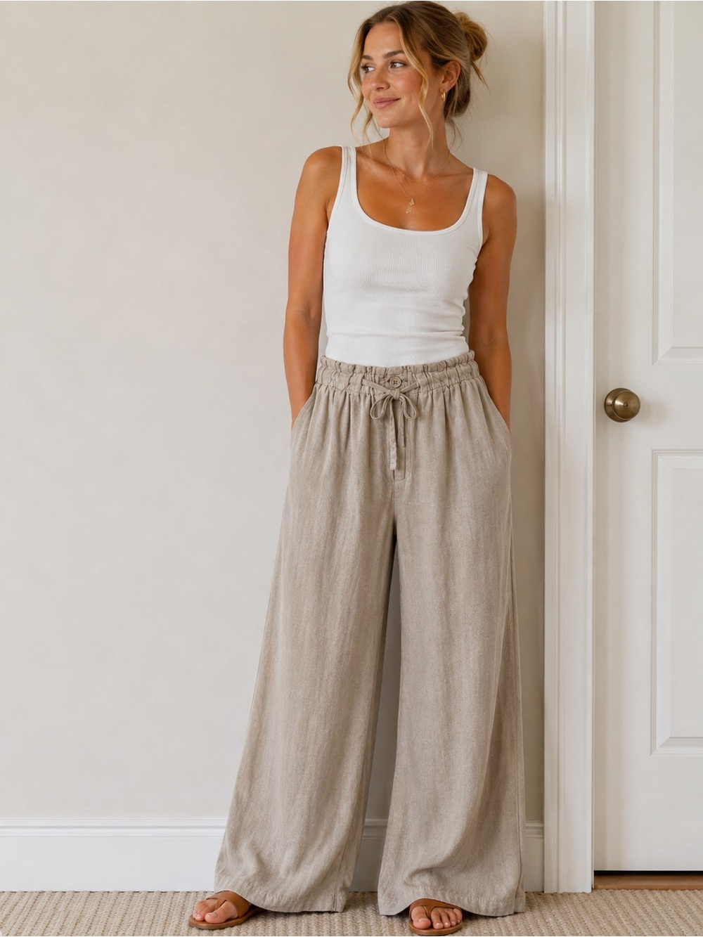 Thread & Supply Lightweight Wide-Leg Drawstring Pants in Light Taupe